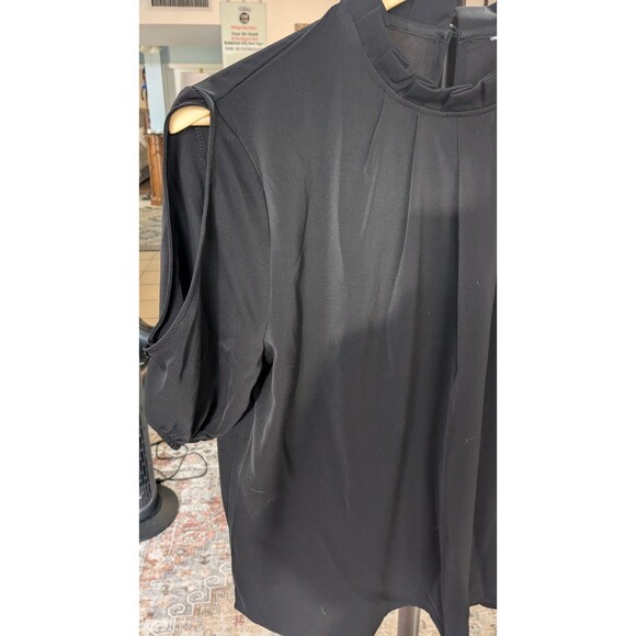 Highneck Ruffle Puff Short Short Sleeve Black Blouse Large - Picture 5 of 6